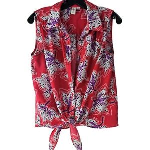 Joie Blouse‎ M Red Purple White Sleeveless Collared Front Tie Top Retro Chic